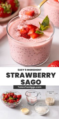 strawberry sauce in a glass bowl with spoons and strawberries on the side text overlay says easy ingredient strawberry sago