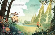 an illustrated children's book cover featuring a forest scene with two kids walking through the woods