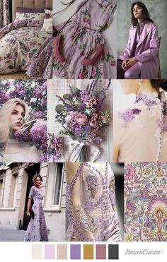 a collage of images with different colors and patterns on them, including pinks, purples, yellows, and green