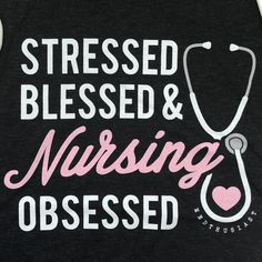 a black tank top with pink lettering that says, stressed and nursing obesed