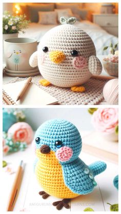 crocheted birds are sitting on the table