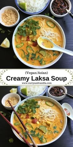 two bowls of creamy laksa soup with chopsticks on the side and rice in the middle