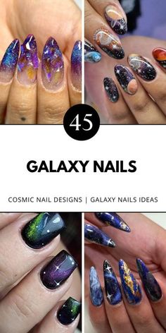 Create stunning galaxy nails with black and blue tones. Perfect for short nails that still make a statement! Pin this for cosmic inspiration. Cosmic Nails, Galaxy Nail, Trendy Manicure, Galaxy Nail Art, Galaxy Nails, Inspired Nails