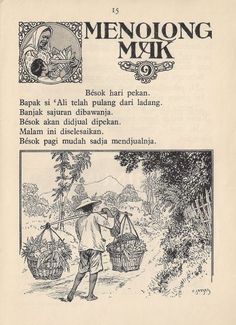 an old book with black and white illustrations on the front cover shows a man carrying baskets