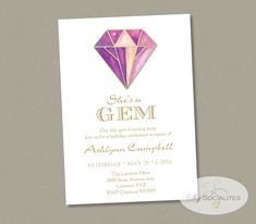 a pink diamond birthday party card with gold foil on the front and bottom, says she's a gems