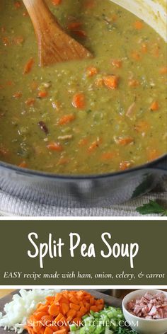 split pea soup with carrots, celery and carrots in a pot