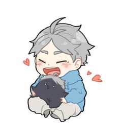 an anime character holding a small dog with hearts around it's neck and mouth