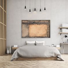 a bed sitting in a bedroom next to a wooden shelf filled with books and vases