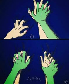 two pictures of hands with green and blue nail polishes on their fingertipss, one holding the other's hand