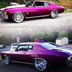 two pictures of the same car, one in purple and one in white with chrome rims