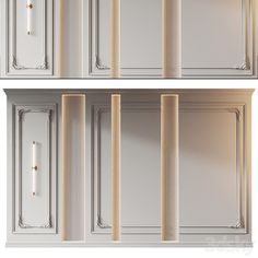 two white cabinets with gold trim and doors