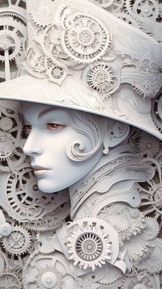 a mannequin's head wearing a white hat with gears all over it