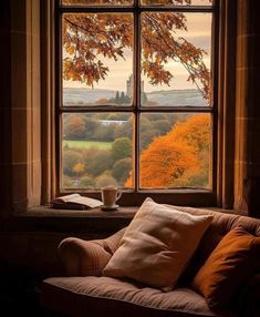 an open window with a view of autumn trees and the countryside from it's living room