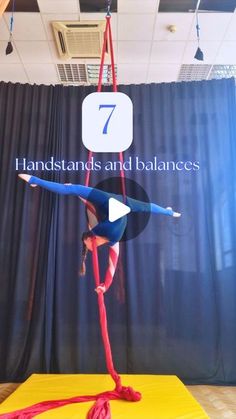 a woman doing aerial acrobatic tricks on the floor with text that reads 7 handstands and balances