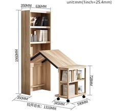 an image of a desk and bookcase with measurements