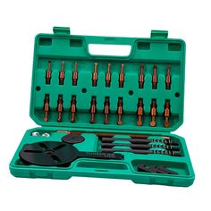 an assortment of tools in a green case