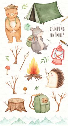 watercolor illustrations of camping animals and trees