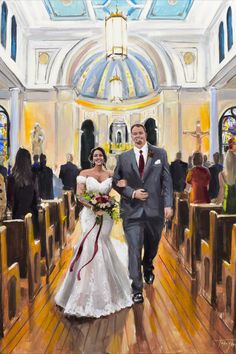 a painting of a bride and groom walking down the aisle at their wedding ceremony in church