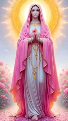 an image of the virgin mary in pink and white dress with flowers on her chest