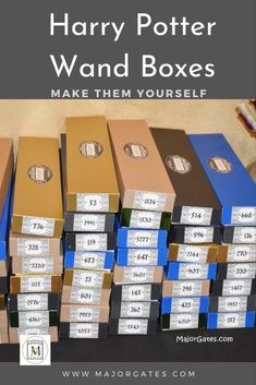 harry potter wand and boxes are stacked on top of each other with the words make them yourself