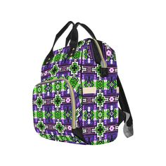 a purple and green handbag on a white background