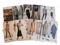 six different patterns of women's coats and dresses, all in one pattern on the same page