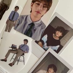 several pictures of young men with glasses and ties on the table next to each other