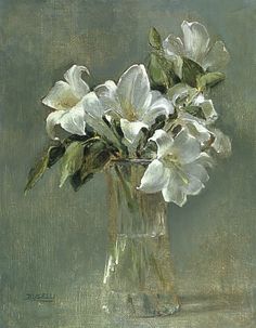 a painting of white flowers in a glass vase