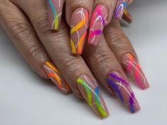 Modern Nails 2023 Summer, Rainbow Nails Acrylic, Nails Stripes, Nails Rainbow, Nails Neon, Colors Nails, Modern Nails, Dope Nail Designs, Striped Nails