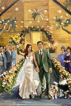 a painting of a bride and groom walking down the aisle with their dogs in front of them