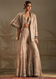 Ridhi Mehra-Barfi Champagne Blazer And Pant Set-INDIASPOPUP.COM Wedding Guest Outfit Inspiration, Indian Dresses For Women, Wedding Outfits For Women, Reception Outfit, Modest Dresses Casual, Embroidered Pants, Designer Party Wear Dresses, Party Wear Indian Dresses, Pant Suit