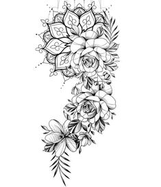 a black and white drawing of flowers with leaves on the bottom half of their petals