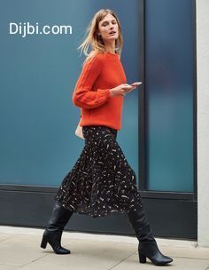 Midi Skirt Outfit Winter, Midi Skirt Fall, Orange Sweater, Rock Outfit, Knee Skirts