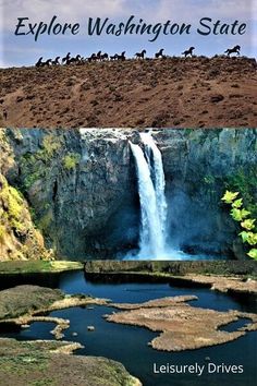 an image of a waterfall with people on it and the words explore washington state below