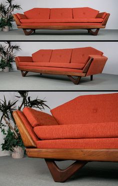 three different views of an orange couch with wooden legs and armrests, from the front to the back