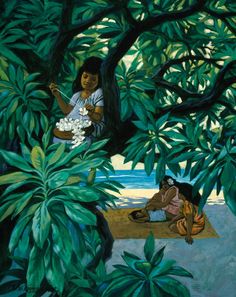 a painting of two people sitting under a tree