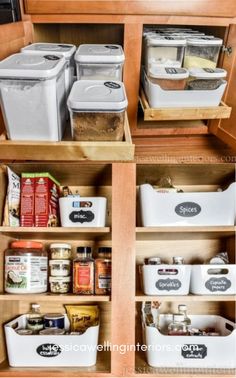 organized pantry drawers with labels on them and labeled containers in the bottom left hand corner