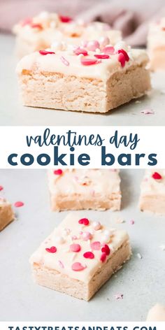 valentine's day cookie bars with white frosting and pink sprinkles