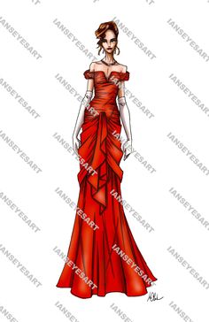 a drawing of a woman in a red dress with her hands on her hips,