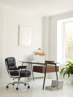 an office with a desk, chair and potted plant