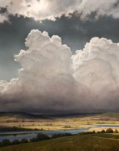 an oil painting of clouds over a valley and river in the distance with trees on either side