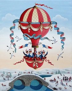 a painting of a hot air balloon with people inside