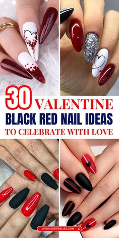 Red And Black Coffin Nail Ideas, Red And Black Valentines Day Nails, Black And Red Nail Ideas, Black Valentine’s Day Nails, Goth Valentines Nails, Dark Valentines Day Nails, Anti Valentines Day Nails, Black Valentines Day Nails, Edgy Patterns