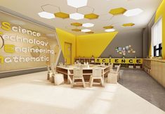 an image of a classroom setting with tables and chairs in the center for children to eat