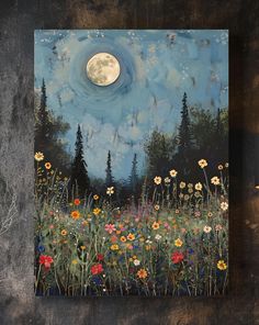 a painting of flowers and trees with the moon in the background