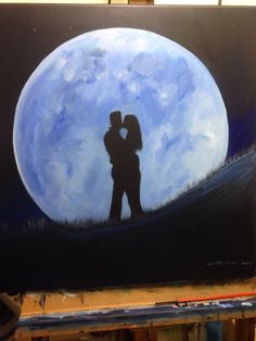 a painting of two people kissing in front of a full moon