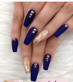 Wedding Nails With Navy Blue, Nail Art Designs Royal Blue, Black Blue And Gold Nails, September Sapphire Nails, Blue Gold Nails Ideas, Matte Navy Nails With Gold, Blue & Gold Nails, Royal Blue And Rose Gold Nails, Navy Blue And Gold Nail Ideas