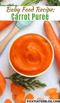 baby food recipe carrot puree in a white bowl surrounded by carrots and herbs