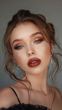 Makeup Ideas For Copper Dress, Makeup For Green Velvet Dress, Classic Make Up Vintage Makeup, Full Face Makeup Brown Eyes, Rust Dress Makeup Look, Wedding Makeup For Brown Eyes Red Hair, Makeup Looks With Burgundy Dress, Wedding Makeup Red Dress, Peachy Brown Makeup