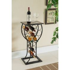 a wine rack with bottles and glasses on it